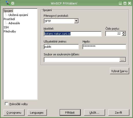 Přihlašovací dialog WinSCP pro připojení k SFTP