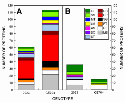 Funkční klasifikace proteinů, jejichž hladiny v listech tolerantního (CE704) a citlivého (2023) genotypu kukuřice jsou v podmínkách mírného stresu suchem výrazně zvýšeny nebo sníženy